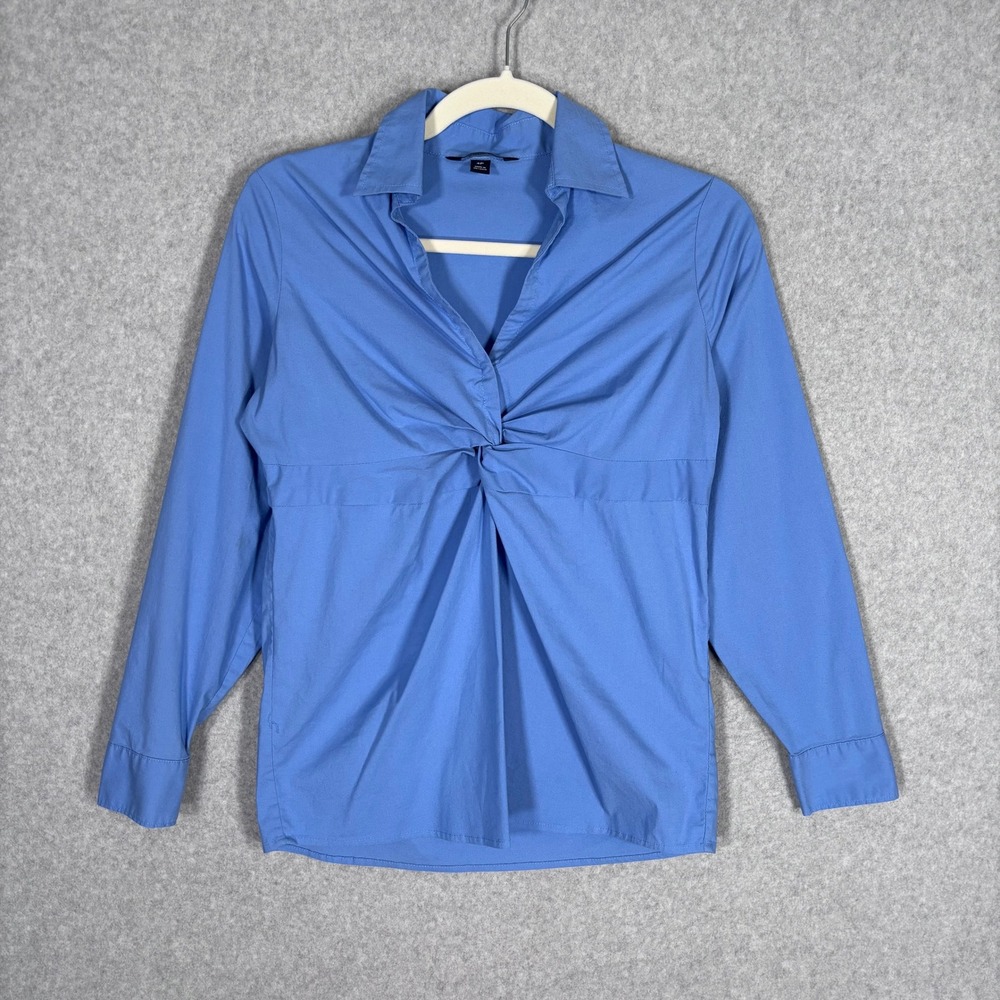 Lands End Twist Front Blouse 4P Blue Popover Top Cotton Stretch Workwear Career